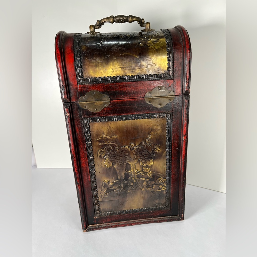 Vintage wine Wood Hinged Lid Box metal overlay large tall